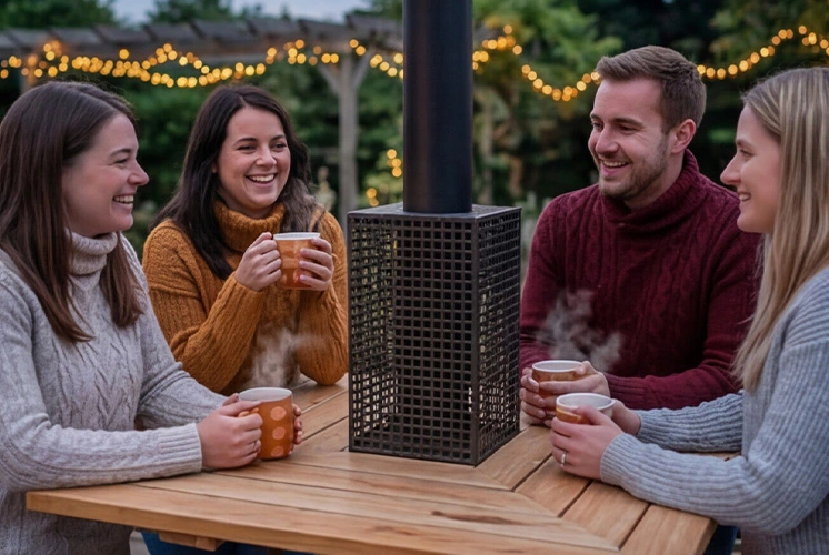 Holzbeheizter Stehtisch draußen